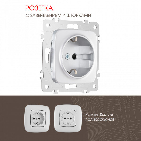 Розетка с заземлением и шторками, 16A 250V 205.40-1.silver