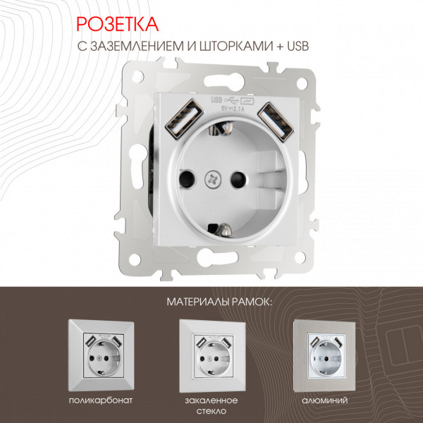 Розетка с заземлением, шторками + USB, 16A 250V, USB DC 5V 2.1A 203.47-1.silver