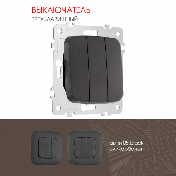 Выключатель трёхклавишный, 10AX 250V 205.30-3.black