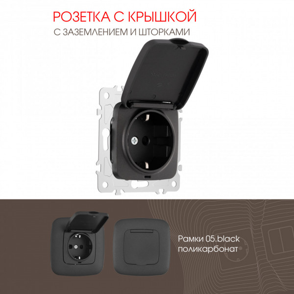 Розетка с заземлением, шторками и защитной крышкой, 16A 250V 205.41-1.black