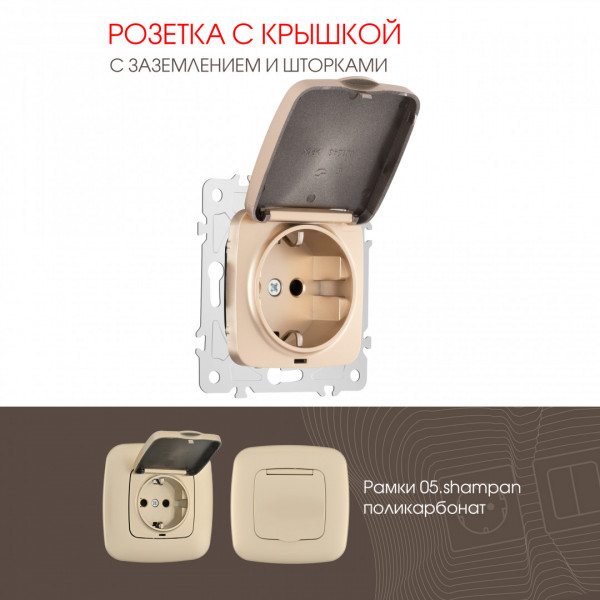 Розетка с заземлением, шторками и защитной крышкой, 16A 250V 205.41-1.shampan