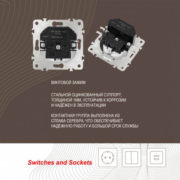 Розетка с заземлением, шторками + 2 USB, 16A 250V, USB DC 5V 2.1A 206.47-1.white