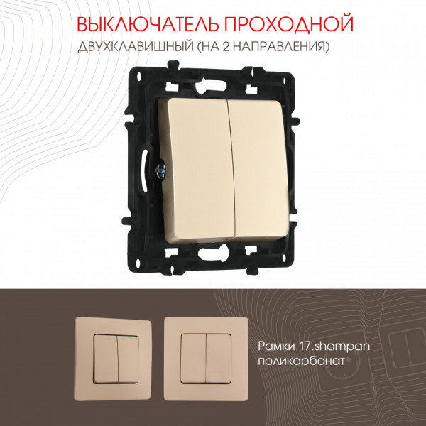 Выключатель двухклавишный проходной (на 2 направления), 10AX 250V 217.32-2.shampan