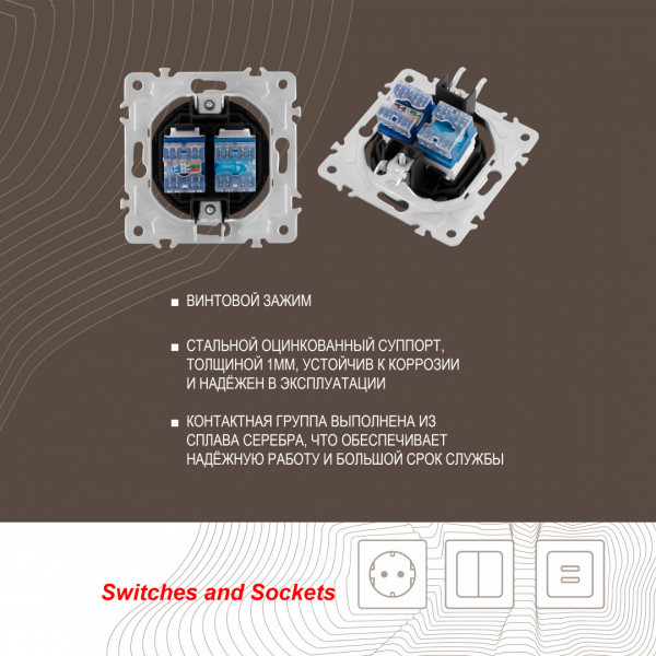 Розетка телефонная RJ11 + интернет RJ45 202.44-1.black