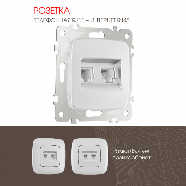 Розетка телефонная RJ11 + компьютерная RJ45 205.44-1.silver