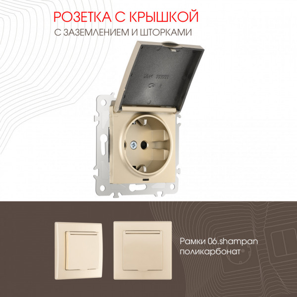 Розетка с заземлением, шторками и защитной крышкой, 16A 250V 206.41-1.shampan