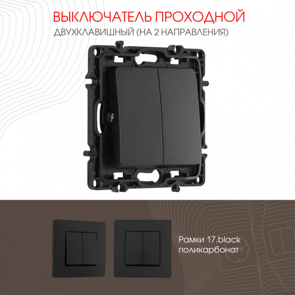 Выключатель двухклавишный проходной (на 2 направления), 10AX 250V 217.32-2.black