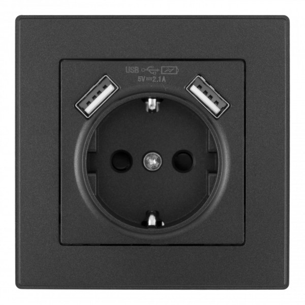 Комплект розетки с заземлением и шторками + 2 USB и рамкой однопостовой, цвет черный, материал рамки - пластик, SET06-1-47-1 black
