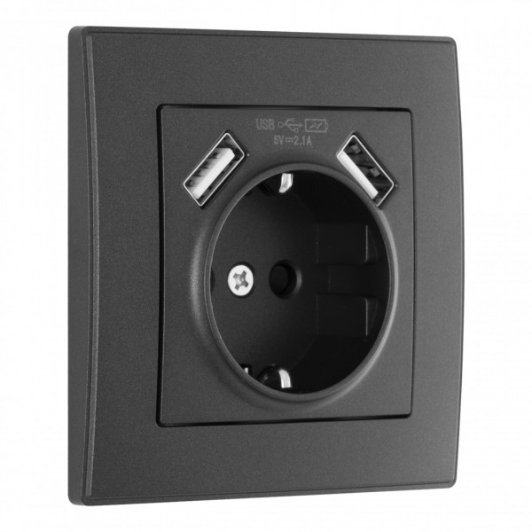 Комплект розетки с заземлением и шторками + 2 USB и рамкой однопостовой, цвет черный, материал рамки - пластик, SET06-1-47-1 black