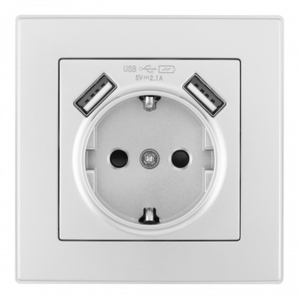 Комплект розетки с заземлением и шторками + 2 USB и рамкой однопостовой, цвет серебро, материал рамки - пластик, SET06-1-47-1 silver