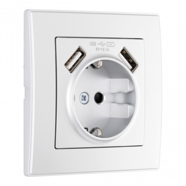 Комплект розетки с заземлением и шторками + 2 USB и рамкой однопостовой, цвет серебро, материал рамки - пластик, SET06-1-47-1 silver