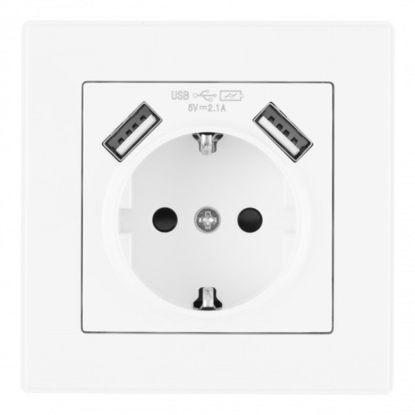 Комплект розетки с заземлением и шторками + 2 USB и рамкой однопостовой, цвет белый, материал рамки - пластик, SET06-1-47-1 white