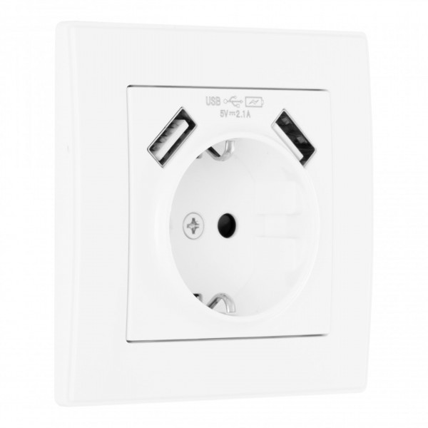 Комплект розетки с заземлением и шторками + 2 USB и рамкой однопостовой, цвет белый, материал рамки - пластик, SET06-1-47-1 white