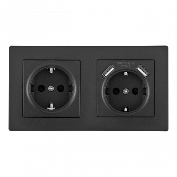 Розетка двойная (двухпостовая) c заземление и шторками + 2USB, черная, в комплекте с рамкой, SET06-2-47-1-40-1 black