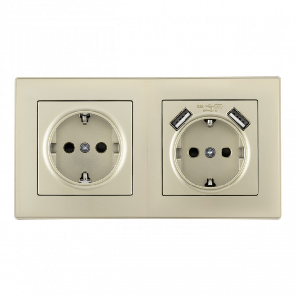 Розетка двойная (двухпостовая) c заземление и шторками + 2USB, цвет - шампань, в комплекте с рамкой, SET06-2-47-1-40-1 shampan
