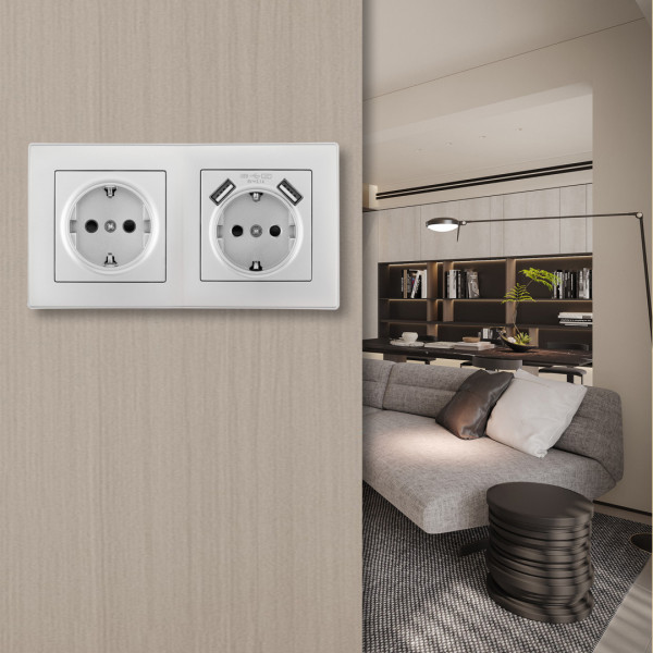 Розетка двойная (двухпостовая) c заземление и шторками + 2USB, цвет - серебро, в комплекте с рамкой, SET06-2-47-1-40-1 silver