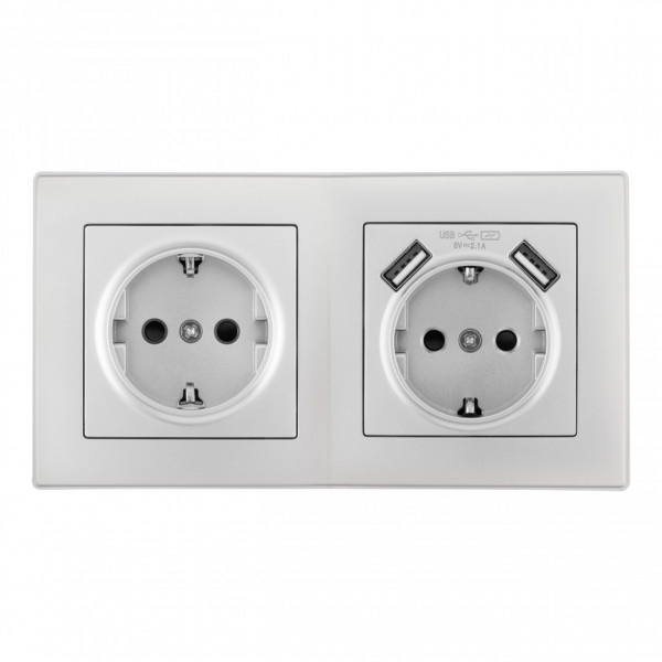 Розетка двойная (двухпостовая) c заземление и шторками + 2USB, цвет - серебро, в комплекте с рамкой, SET06-2-47-1-40-1 silver