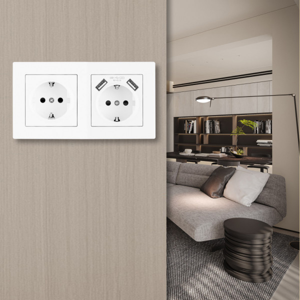Розетка двойная (двухпостовая) c заземление и шторками + 2USB, белая, в комплекте с рамкой, SET06-2-47-1-40-1 white