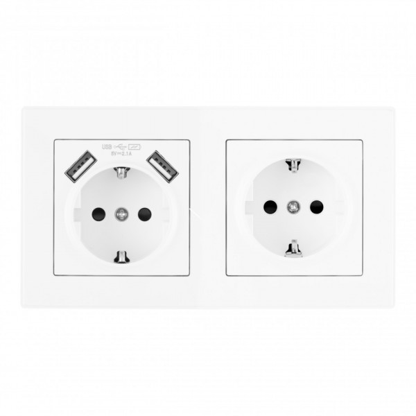 Розетка двойная (двухпостовая) c заземление и шторками + 2USB, белая, в комплекте с рамкой, SET06-2-47-1-40-1 white