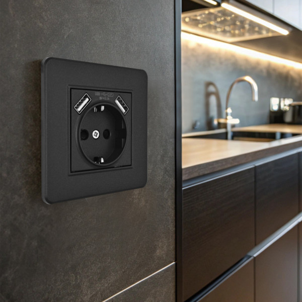 Комплект розетки с заземлением и шторками + 2 USB и рамкой однопостовой, цвет черный, материал рамки - пластик, SET16-1-47-1 black