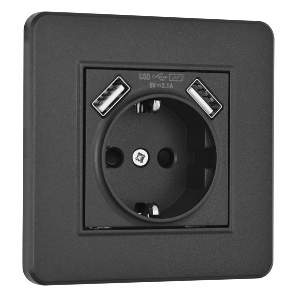 Комплект розетки с заземлением и шторками + 2 USB и рамкой однопостовой, цвет черный, материал рамки - пластик, SET16-1-47-1 black