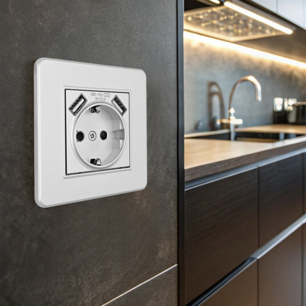 Комплект розетки с заземлением и шторками + 2 USB и рамкой однопостовой, цвет серебро, материал рамки - пластик, SET16-1-47-1 silver