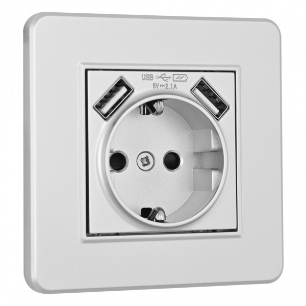 Комплект розетки с заземлением и шторками + 2 USB и рамкой однопостовой, цвет серебро, материал рамки - пластик, SET16-1-47-1 silver