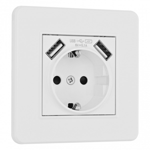 Комплект розетки с заземлением и шторками + 2 USB и рамкой однопостовой, цвет белый, материал рамки - пластик, SET16-1-47-1 white