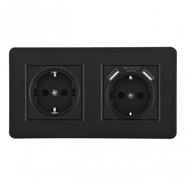 Розетка двойная (двухпостовая) c заземление и шторками + 2USB, черная, в комплекте с рамкой, SET16-2-47-1-40-1 black