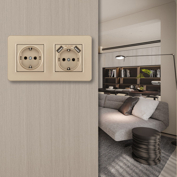 Розетка двойная (двухпостовая) c заземление и шторками + 2USB, цвет - шампань, в комплекте с рамкой, SET16-2-47-1-40-1 shampan