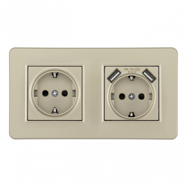 Розетка двойная (двухпостовая) c заземление и шторками + 2USB, цвет - шампань, в комплекте с рамкой, SET16-2-47-1-40-1 shampan
