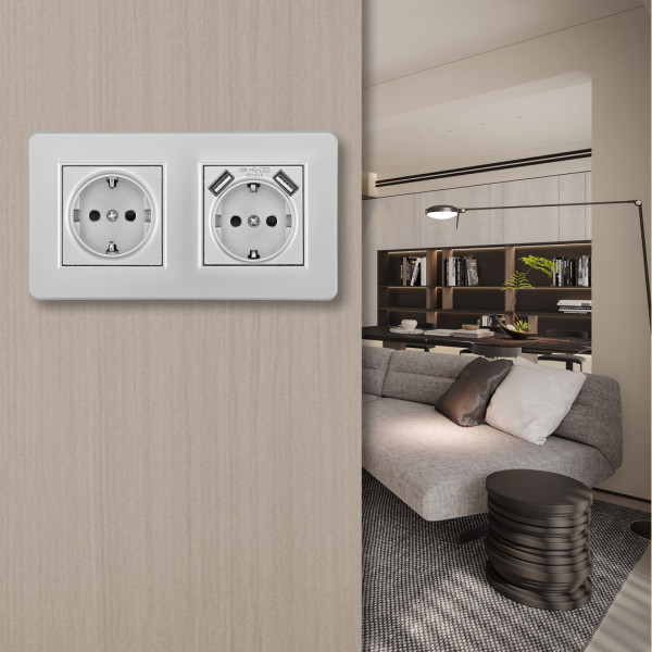 Розетка двойная (двухпостовая) c заземление и шторками + 2USB, цвет - серебро, в комплекте с рамкой, SET16-2-47-1-40-1 silver