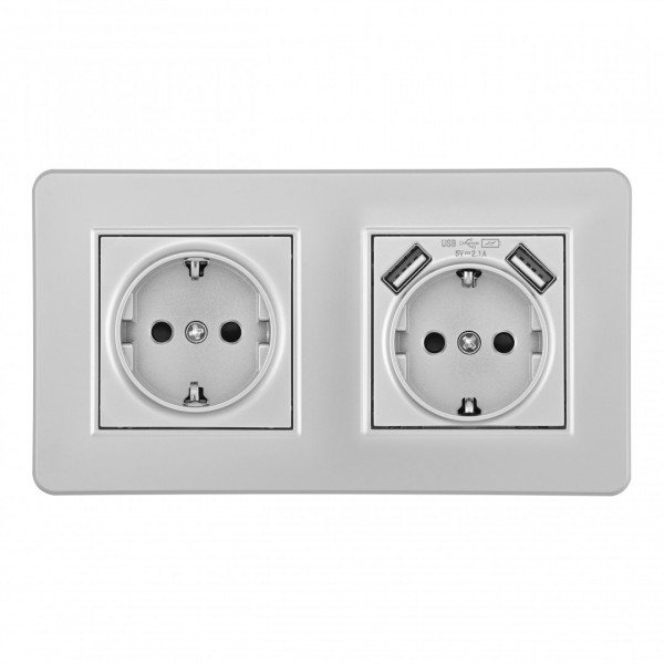 Розетка двойная (двухпостовая) c заземление и шторками + 2USB, цвет - серебро, в комплекте с рамкой, SET16-2-47-1-40-1 silver