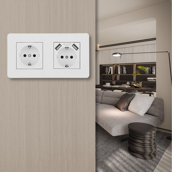 Розетка двойная (двухпостовая) c заземление и шторками + 2USB, белая, в комплекте с рамкой, SET16-2-47-1-40-1 white