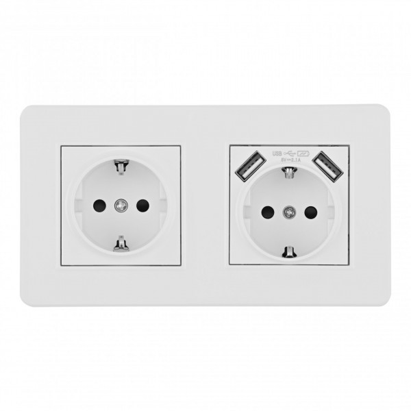 Розетка двойная (двухпостовая) c заземление и шторками + 2USB, белая, в комплекте с рамкой, SET16-2-47-1-40-1 white